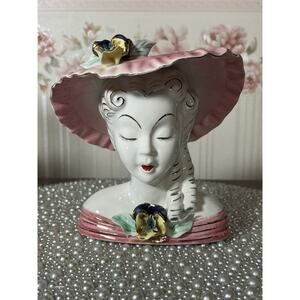 1950s Vintage Lady Head Vase, SCARLET with Gold Accents